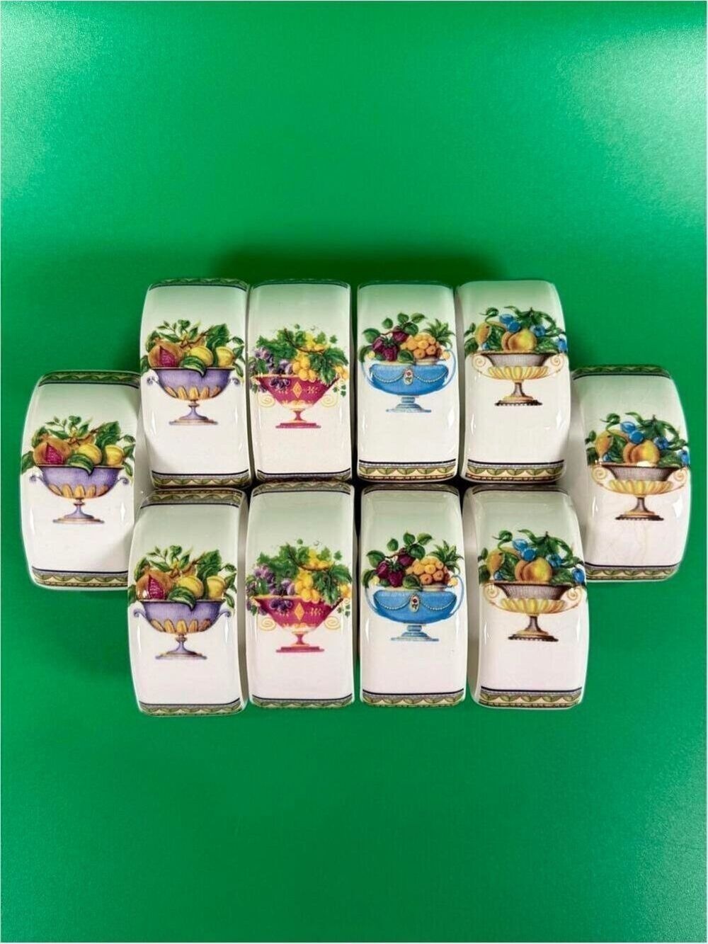 Set of 10 Vintage Casa Elite Porcelain Napkin Rings Fruit Neoclassical Tableware